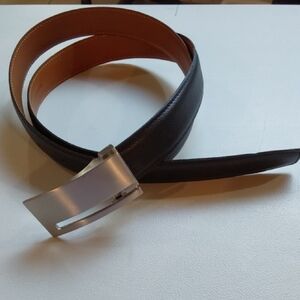 Express |Womens Italian Leather Black Belt With Silver Statement Belt Buckle Lg